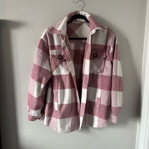 Women's Pink & White Plaid Shacket Jacket - Casual Layering
